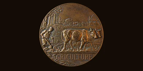 Médaille agricole signée L. Mattei : un laboureur et ses bœufs de labour