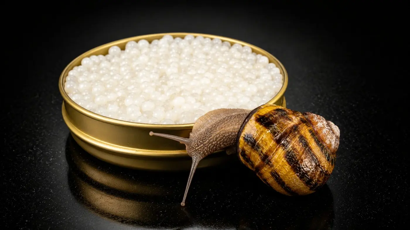 Œufs d'escargot français Famille Delage présentés dans un univers de haute gastronomie